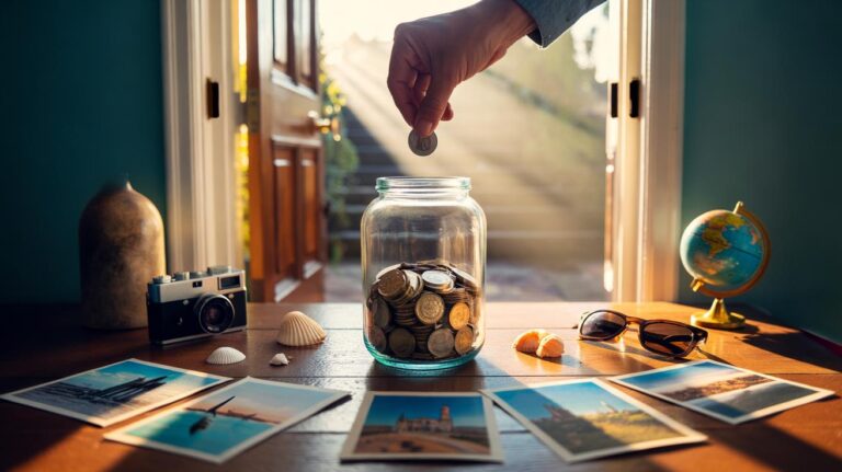 Illustration of a £1-coin jar by the front door used to save for holidays