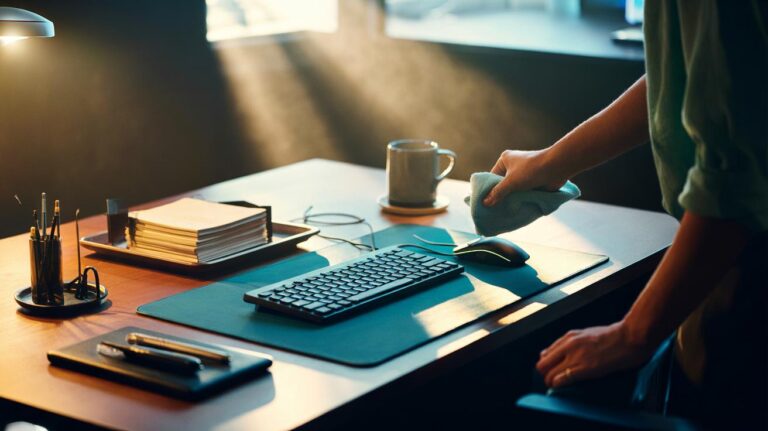Illustration of a 30-second desk reset with a tidy workspace: centered keyboard and mouse, stacked papers in a tray, docked pens and cables, and a mug set aside to restore afternoon focus