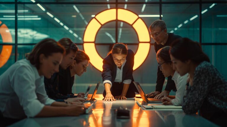 Illustration of a team meeting with a visible five-minute countdown timer on screen prompting a decision