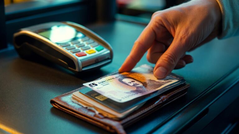 Illustration of a £5 note placed at the front of a wallet ahead of a payment card to trigger loss aversion and curb contactless spending