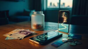 Illustration of the 90/10 bank split with 10% of income automatically moved into a hidden savings pot on payday to make saving feel painless