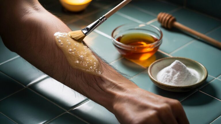 Illustration of a baking soda and honey mixture gently bubbling as it is applied to dark arm hair to lighten colour naturally