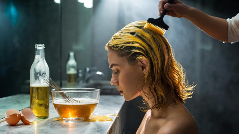 Illustration of a beer-and-egg hair conditioner being applied to fine hair to add instant body and lift