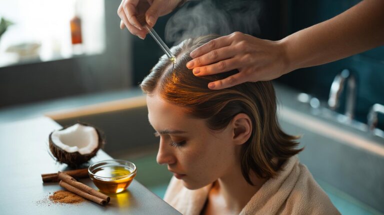 Illustration of a person massaging a warm cinnamon and coconut oil blend into the scalp to stimulate blood flow for hair growth