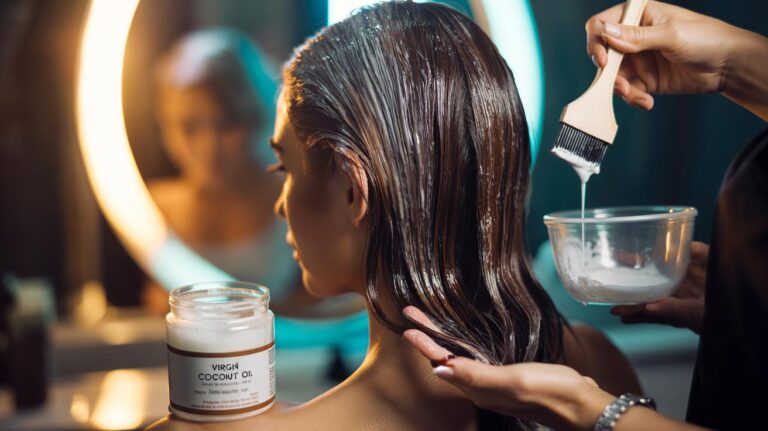 Illustration of coconut oil pre-wash applied to hair before colouring, forming a protective barrier that limits harsh chemical penetration and dye damage