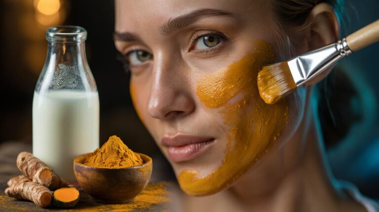 Illustration of cold milk and turmeric paste applied as a face mask to fade acne scars