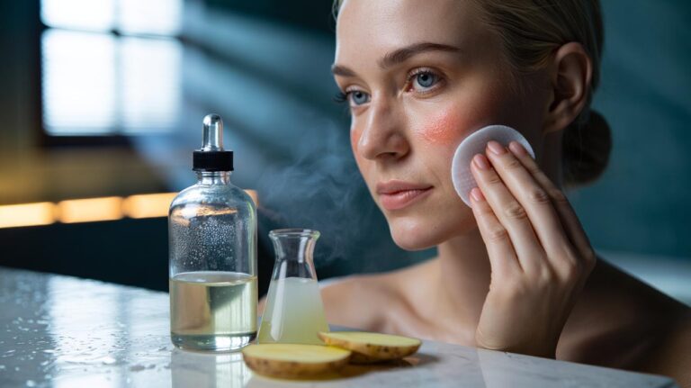 Illustration of cold potato juice toner applied with a cotton pad to calm rosacea redness