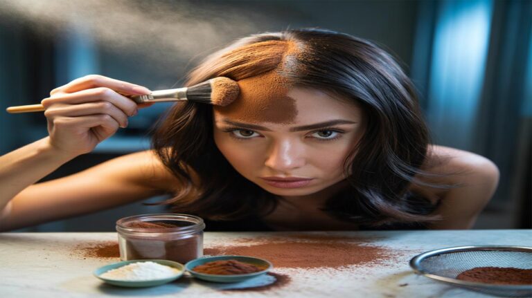 Illustration of cornstarch and cocoa powder being mixed and applied as an invisible dry shampoo to dark hair roots