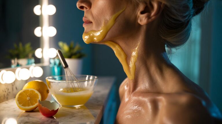 Illustration of applying an egg white and lemon mask to saggy neck skin for an instant lift