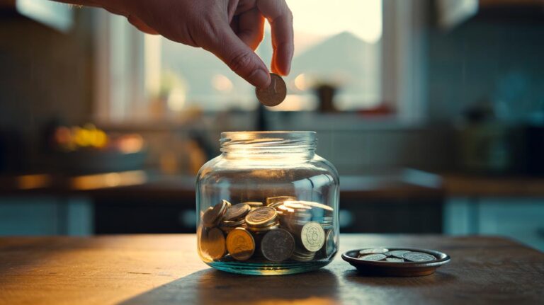 Illustration of a clear glass savings jar with visible coins and a goal label, demonstrating the empty-jar trick that builds saving momentum toward £500 a year