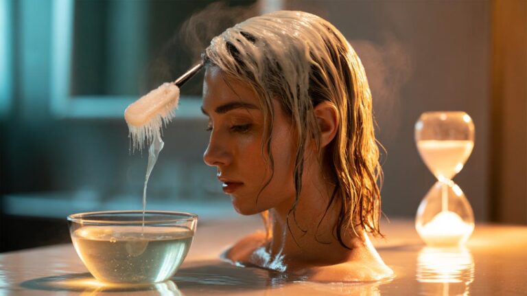 Illustration of a one-hour gelatin hair mask using pure collagen to smooth and strengthen damaged hair