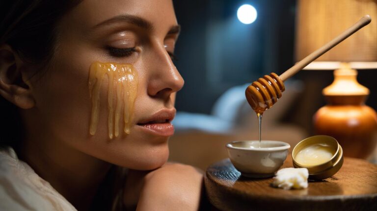 Illustration of a honey and milk lip mask for chapped lips, sealed with an occlusive to lock in moisture overnight