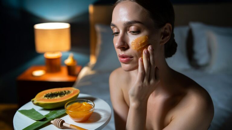 Illustration of a mashed papaya face mask using papain enzymes to dissolve dead skin overnight