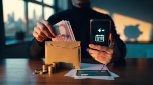 Illustration of a person setting an automated transfer on a UK banking app while placing cash into an envelope labeled 'Pay Yourself First'