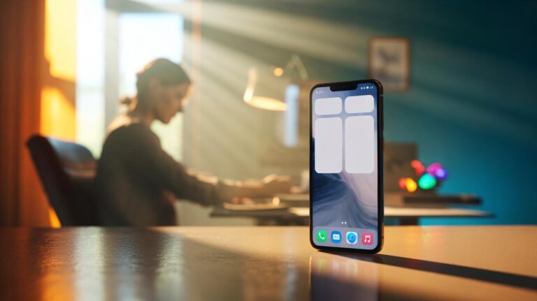 Illustration of a minimalist smartphone home screen with only a few essential apps to reduce decision fatigue and boost focus