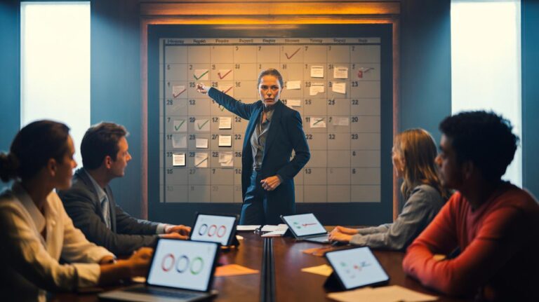 Illustration of [a person publicly declaring a specific, time-bound goal to peers to create social accountability and commitment]