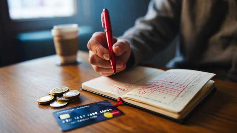 Illustration of a person using a red pen to write every purchase in a notebook to cut spending