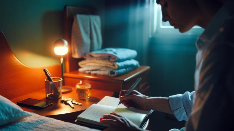Illustration of a person at night writing a tomorrow list in a bedside notebook to offload tasks and wake to a calmer, effortless morning