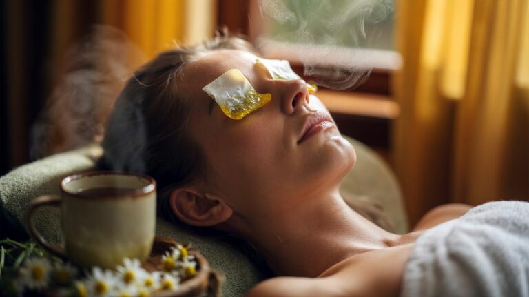Illustration of warm, used chamomile tea bags placed on closed eyelids to reduce under-eye swelling