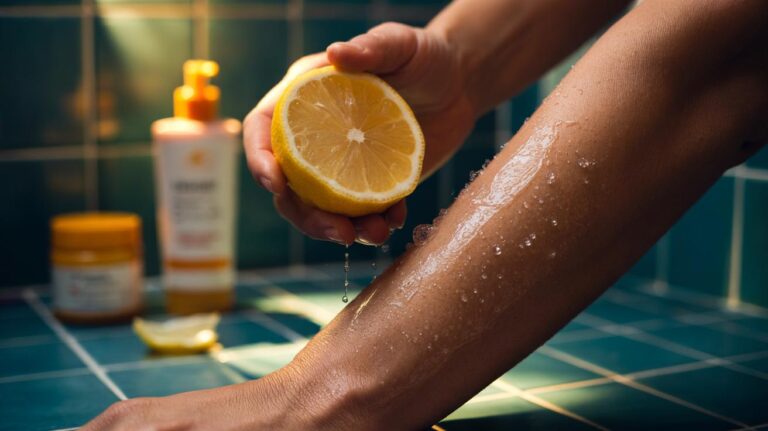 Illustration of a used lemon peel scrub applied to elbows and knees to brighten dark patches by dissolving dead skin with citric acid